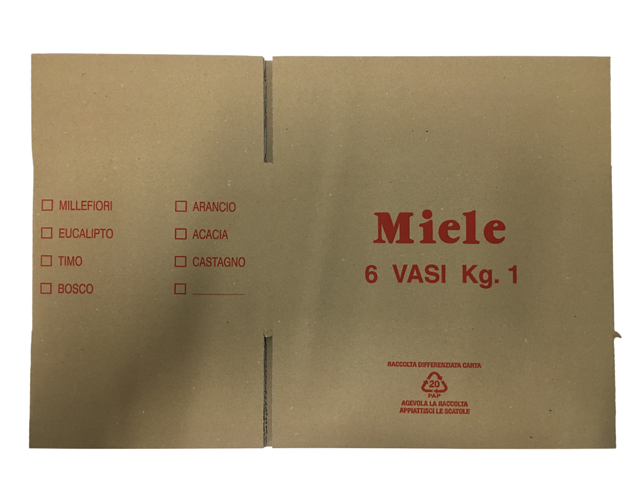 scatola cartone per 6 vasetti da 1 kg di miele su fondo bianco