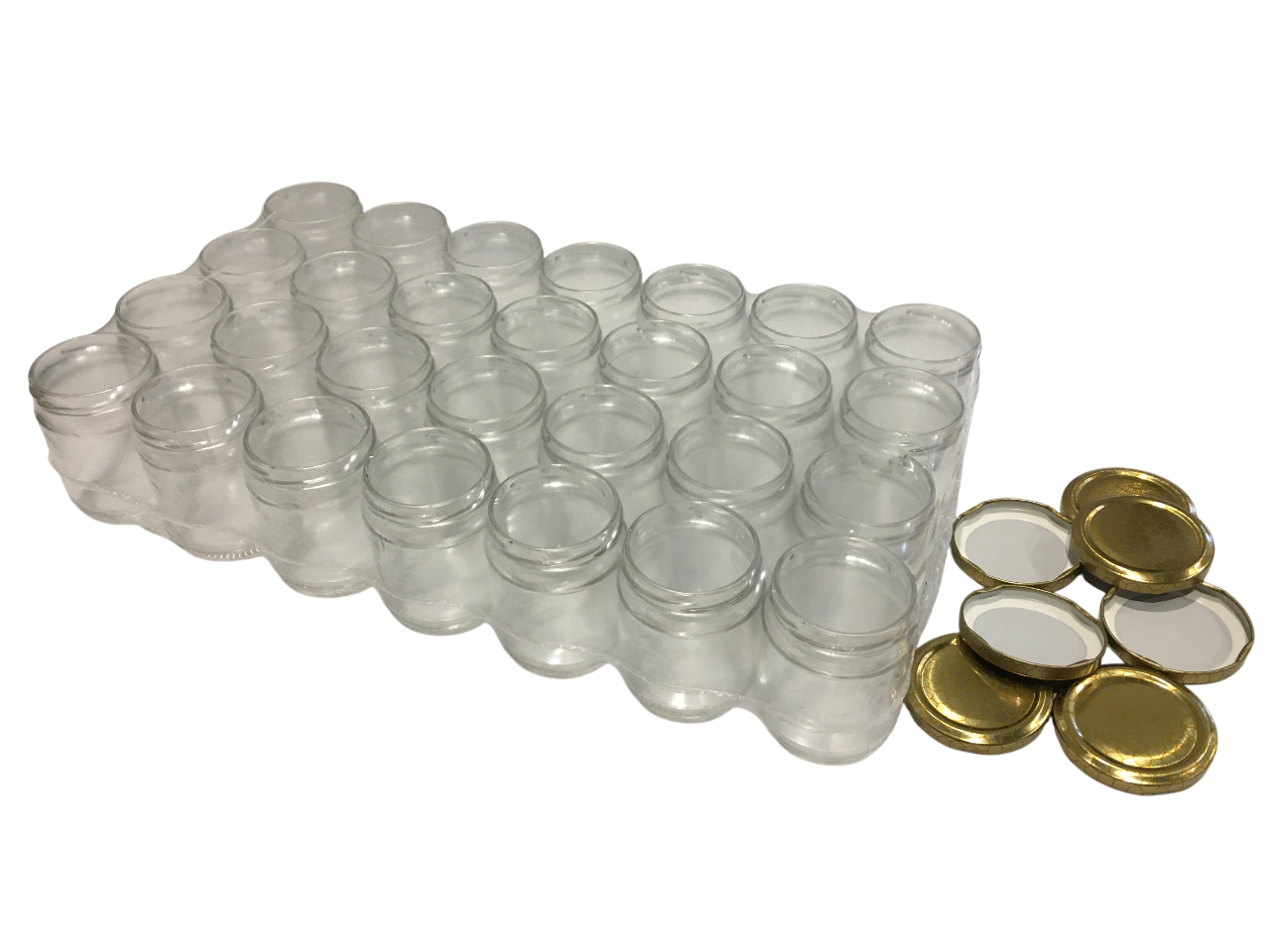 confezione da 28 vasetti in vetro trasparente da 250 grammi con capsule oro alveare