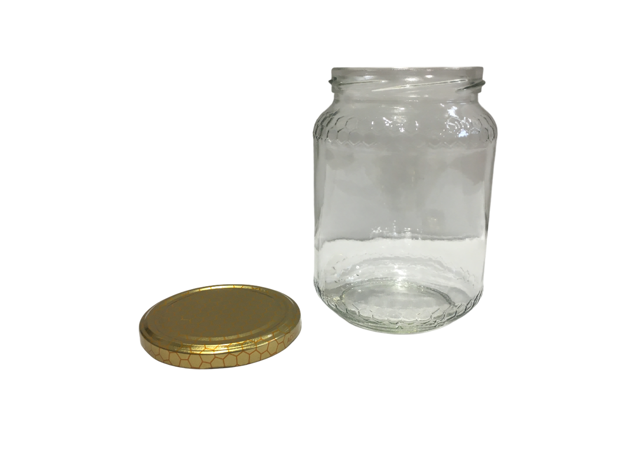 vasetto in vetro trasparente da 1 kg per miele con tappo oro decorato