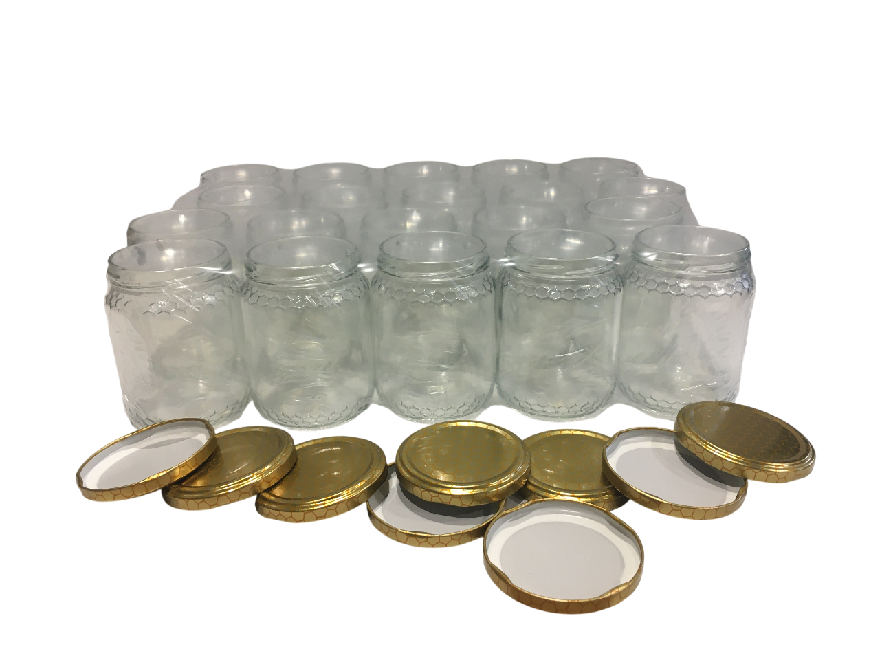 set di venti vasetti in vetro da 500 grammi con capsule oro per miele