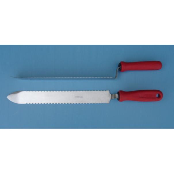 coltello seghettato per disopercolatura in acciaio inox con manico rosso per smielatura apiario
