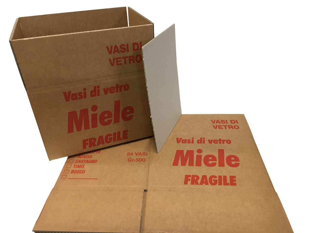 scatola per imballo vasetti miele in vetro con tramezzo divisorio e indicazioni prodotto