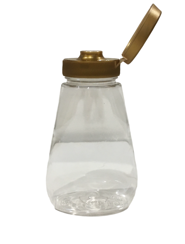 Dosatore squeezer in plastica alimentare trasparente con tappo dorato aperto da 180 ml per miele