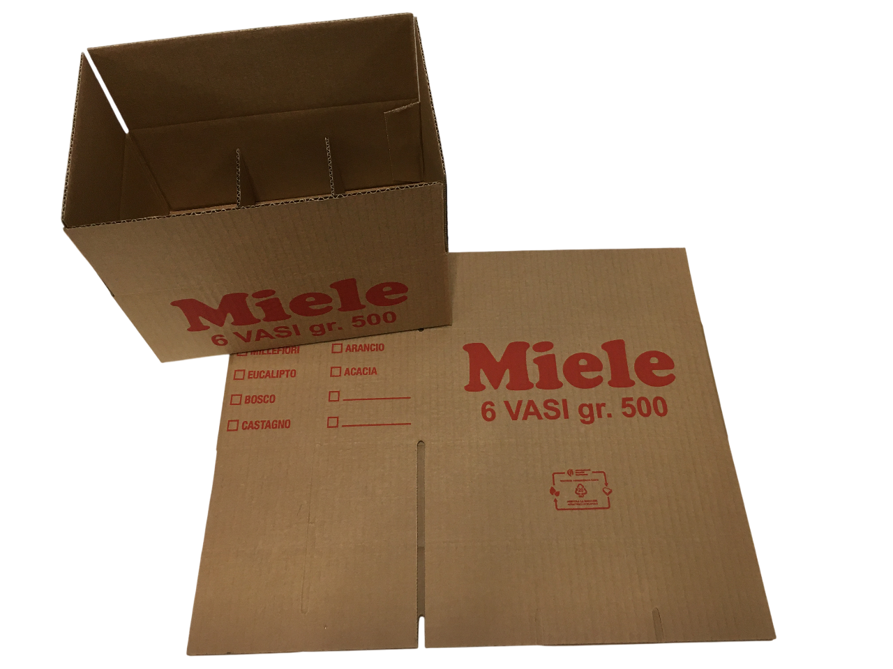 Contenitore in cartone per miele con divisori automontanti e spazio selezione varietu00e0