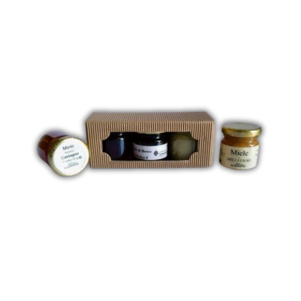 Confezione scatolette avana per 3 vasetti da 50g miele assemblata e con vasetti