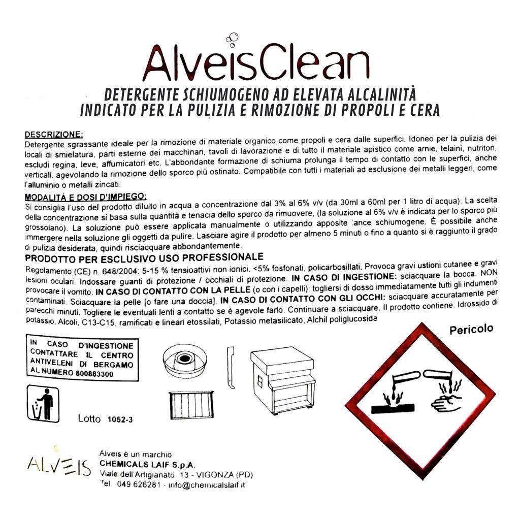 Etichetta dettagliata detergente AlveisClean 1L per smielatura e arnie